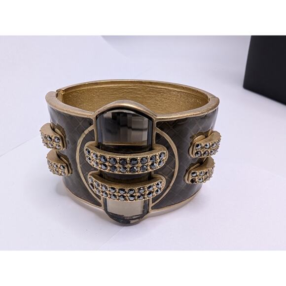 Lia Sophia Wide Hinged Cuff Bracelet Black Rhinestone Gold Tone - Picture 1 of 6